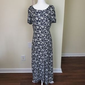 Vintage Navy Blue and Cream Floral Maxi Dress by Maggy London